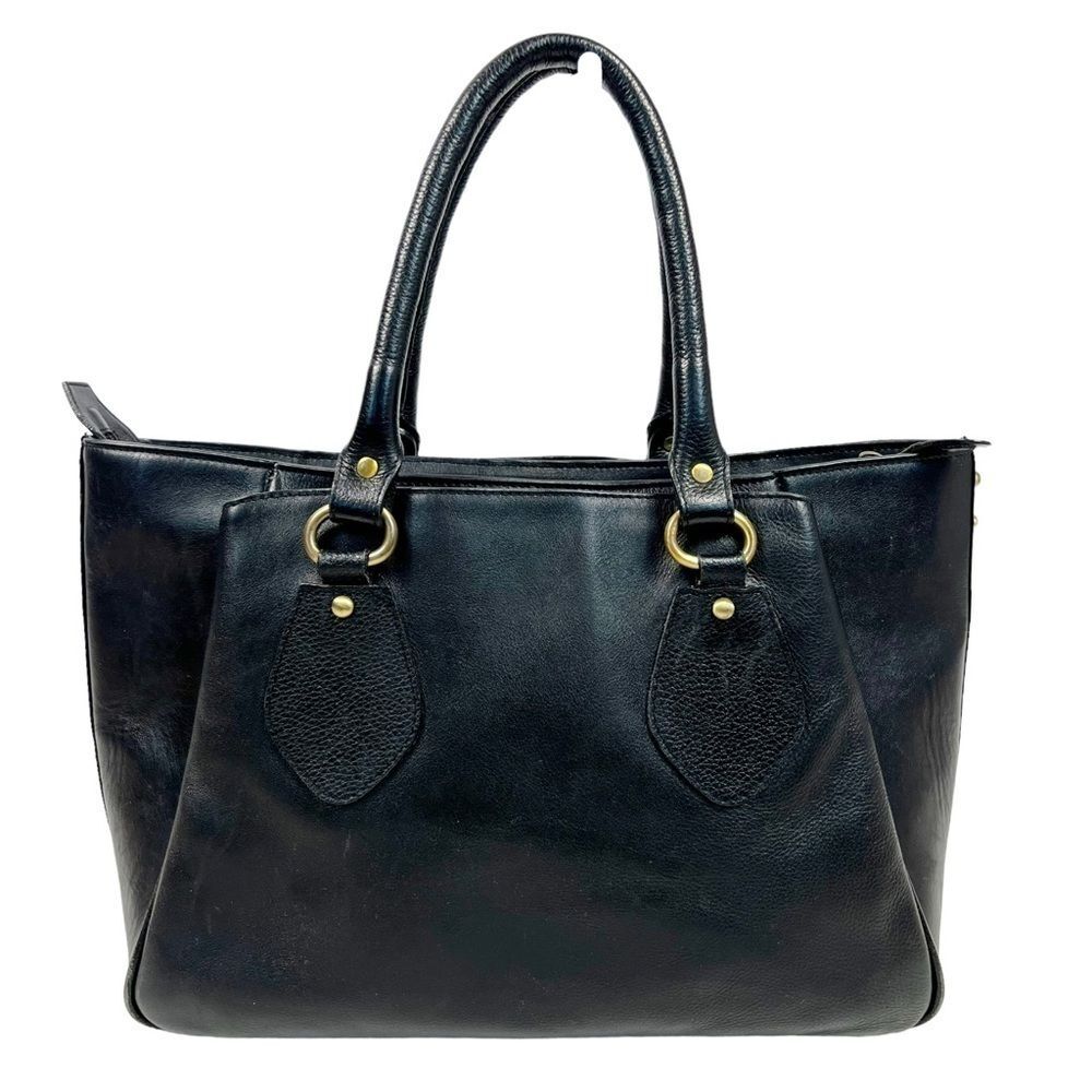 Findig Black Leather Dual Handle Gold Lining 3 Compartment Shoulder Bag 14” x 9” - Picture 3 of 11
